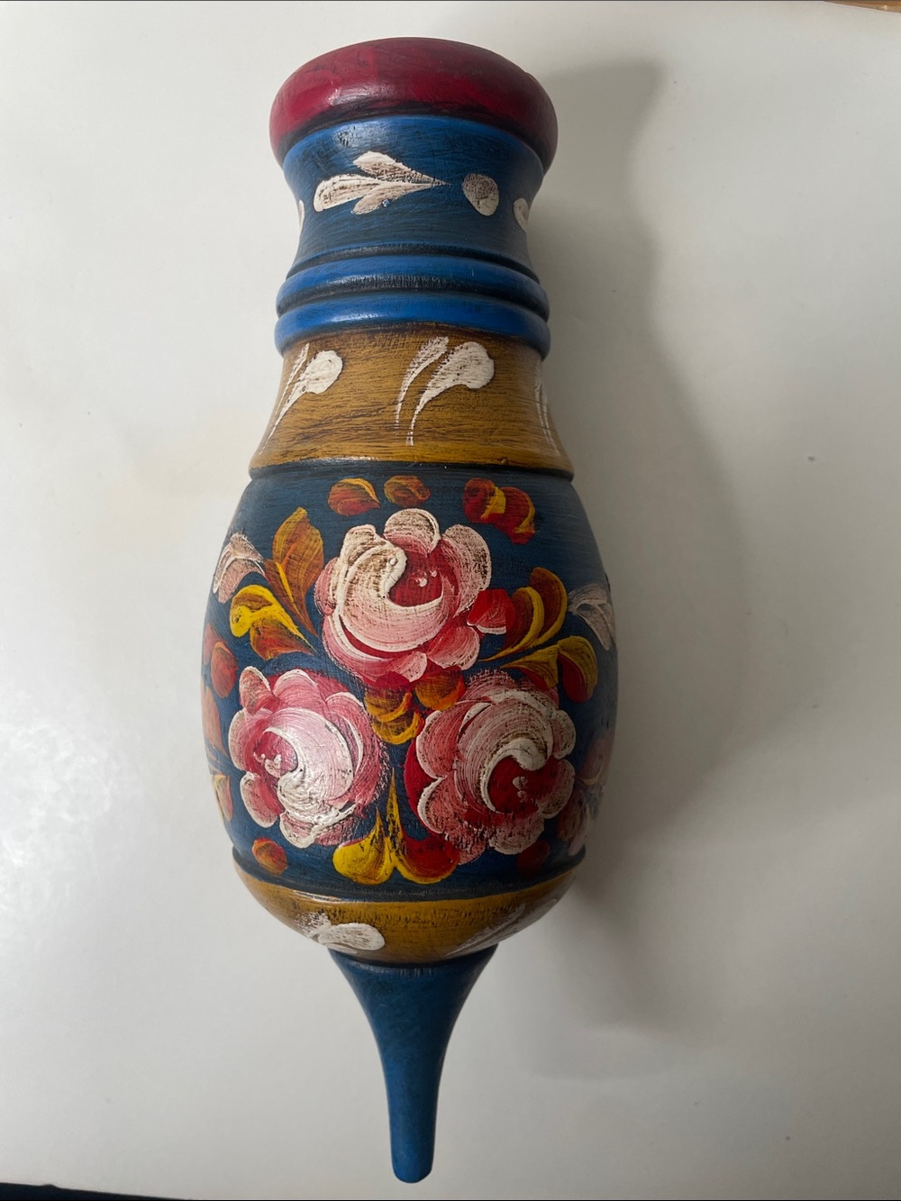 Hand turned and painted Bavarian or Austrian alpine folk art wall pocket, roses